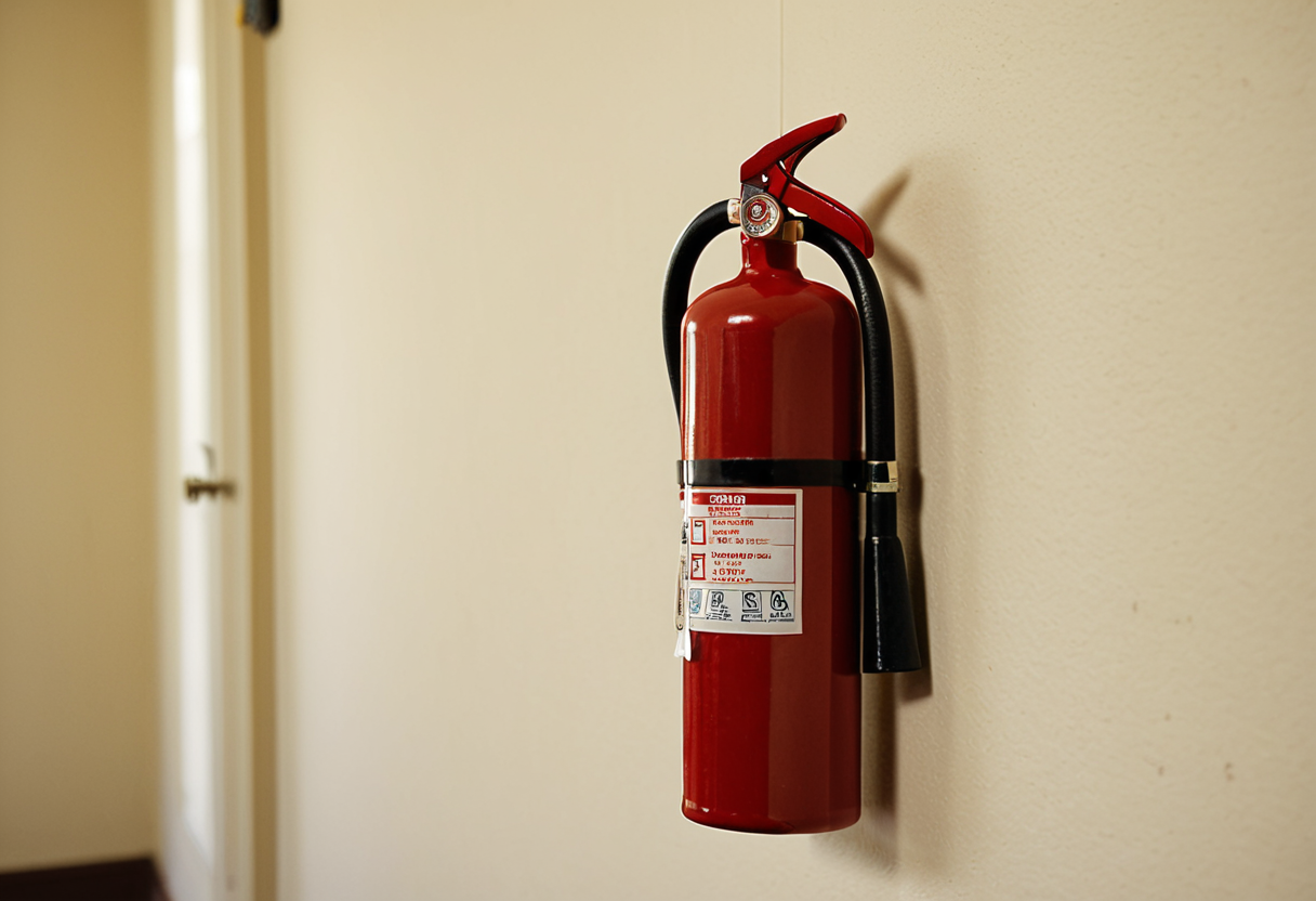 A red fire extinguisher mounted on a plain wall in warm daylight.